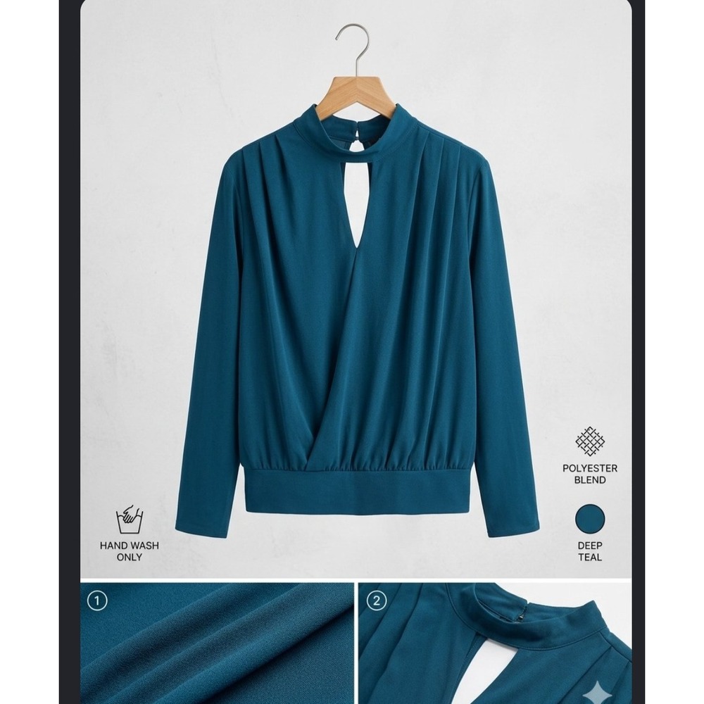 Perseption Concept Deep Teal Mock Neck Keyhole Draped Blouse XL NEW